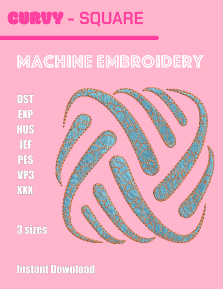A pink promotional graphic for a machine embroidery design. The design is a stylized swirling abstract motif in light blue with small orange accents.